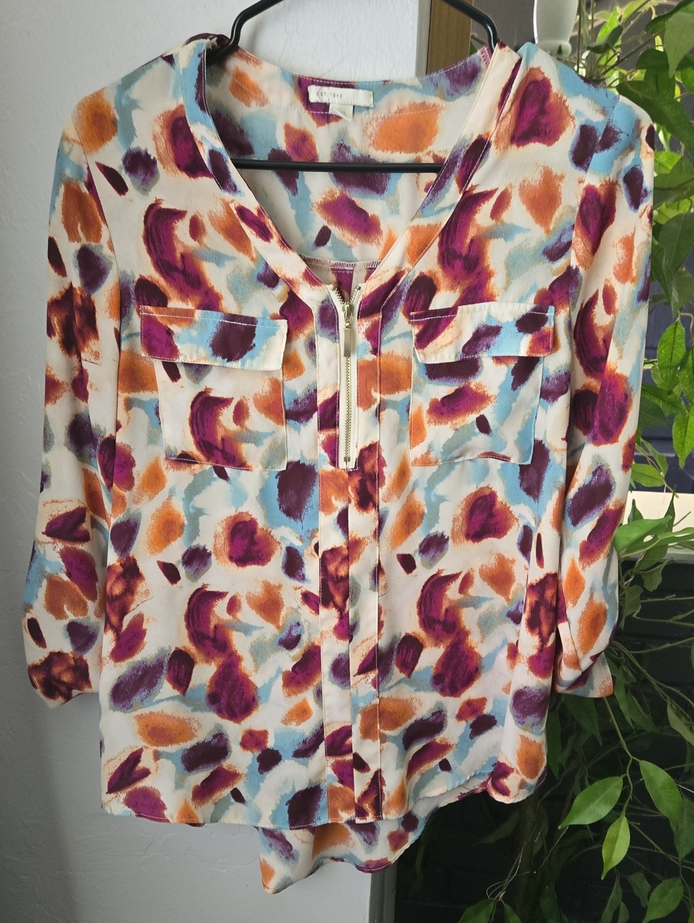 Cato Women's Multi-Color Zip-Front Printed Blouse - Blue, Orange, Purple